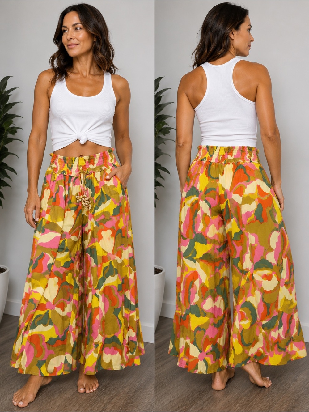 🩷. 3060. Wide Leg Printed Palazzo Pants in Multi Pink/Green